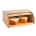 Wooden bread box with sliced bread inside on a white background
