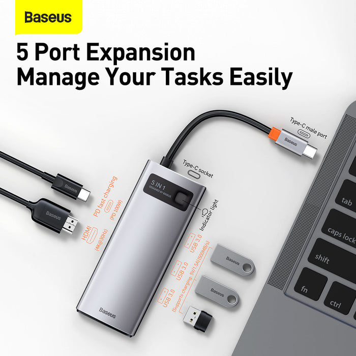 Baseus 5-port expansion device with cables and USB drives on a white background