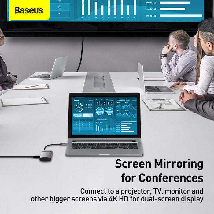 Laptop screen mirroring to a larger display with Baseus branding.