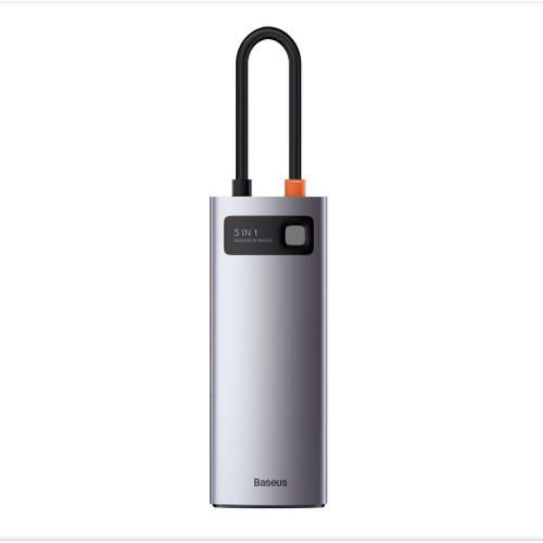 Silver portable device with black handle on a white background