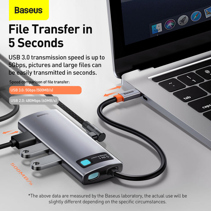 Baseus USB hub connected to a laptop with text highlighting file transfer speed.