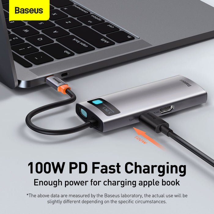 Baseus USB-C hub connected to a laptop with text about 100W PD fast charging.
