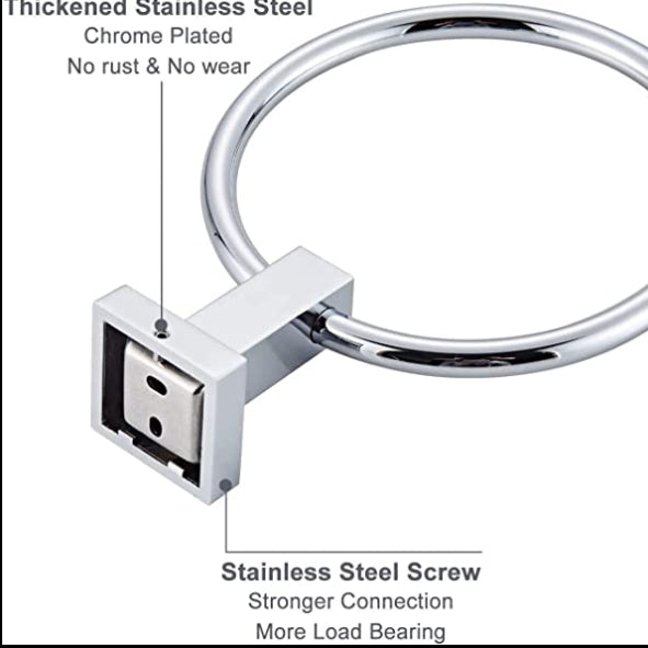 Chrome towel ring with text highlighting features on a white background