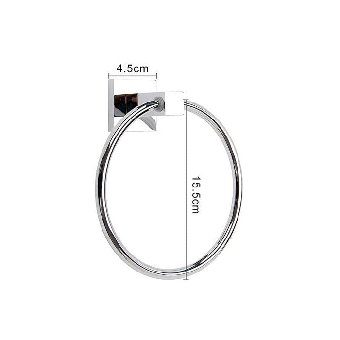 A wall-mounted chrome ring towel bar with dimension annotations showing a height of 15.5cm and a width of 4.