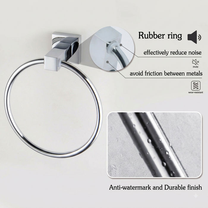 A wall-mounted chrome towel ring with callout graphics and inset detail shots. The image includes text noting a rubber ring that reduces noise and avoids metal friction, plus a close-up of water droplets showing a durable, anti-water finish.