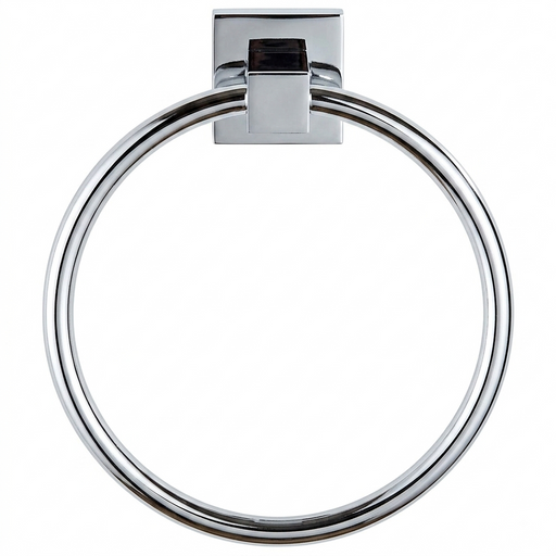 A polished chrome towel ring with a square wall mount, shown against a solid white background.