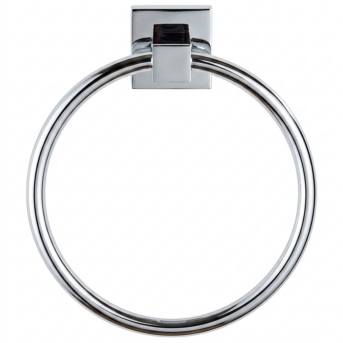 A polished chrome towel ring with a square wall mount, shown against a solid white background.