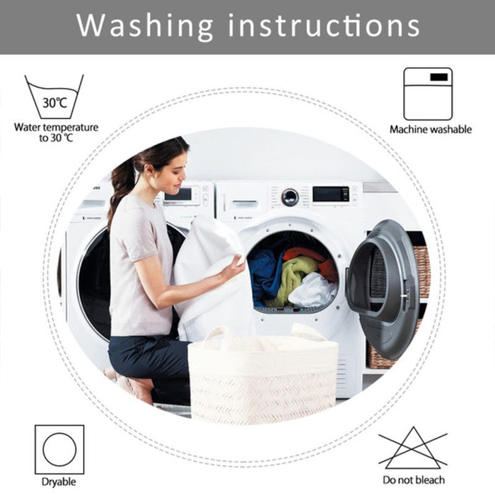 Woman loading a washing machine with icons and text indicating washing instructions.