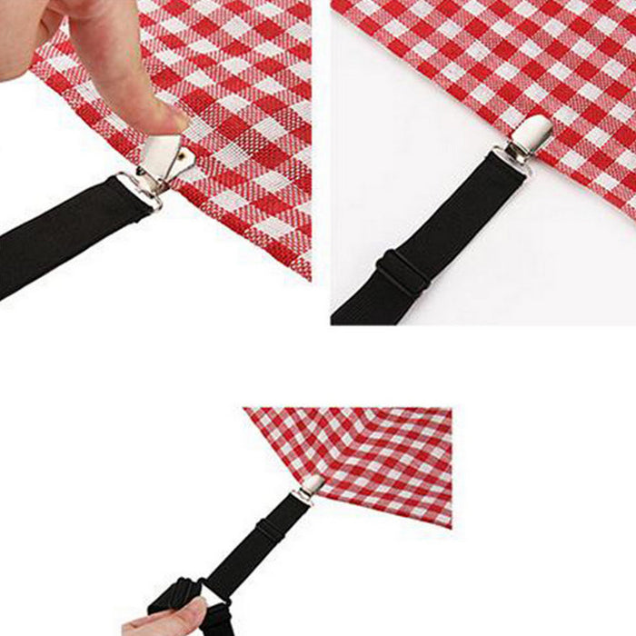 Red and white checkered tablecloth with black suspenders on a white background