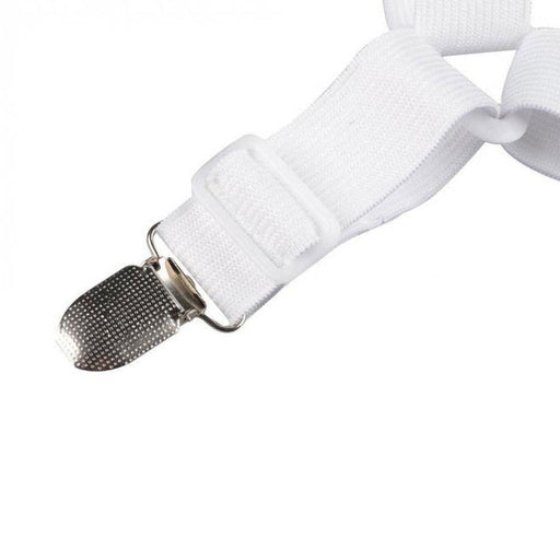 White suspenders with a silver clip on a white background
