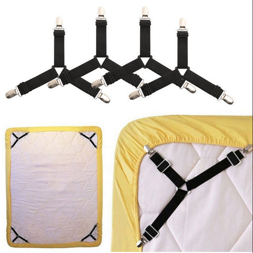 Black bed sheet holder straps with clips on a white background