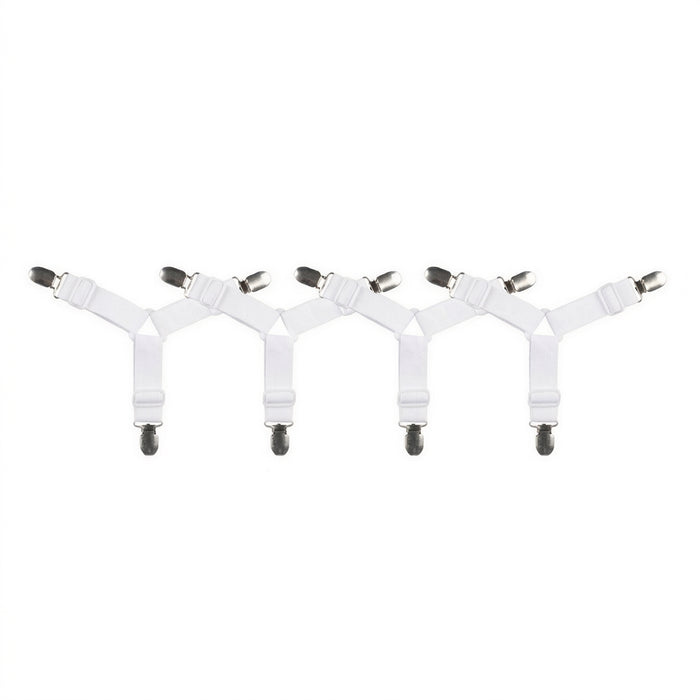 White 3-way Y-shaped adjustable bed sheet fastener clips arranged in a row against a plain white background.
