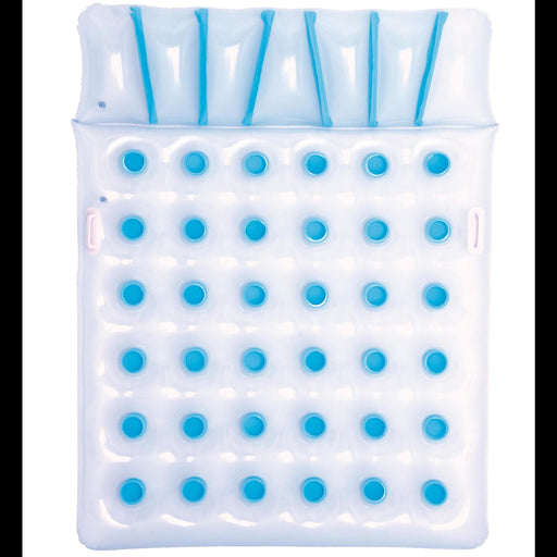 White and blue inflatable pool raft with handles on a white background