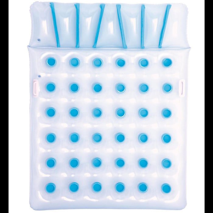 White and blue inflatable pool raft with handles on a white background