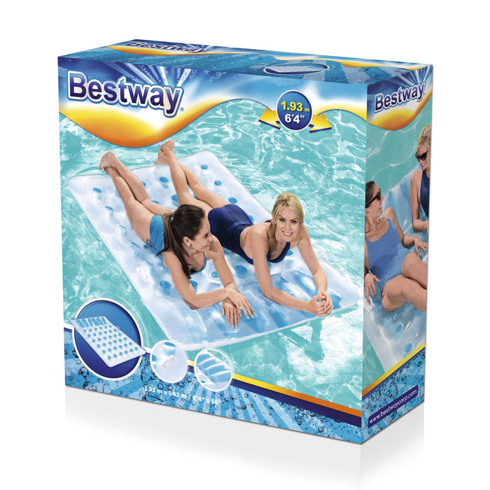 Bestway inflatable pool mat packaging with two people on it