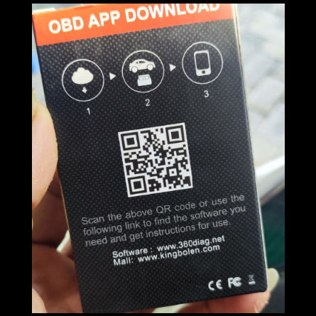 Back of a device with QR code and text for OBD app download