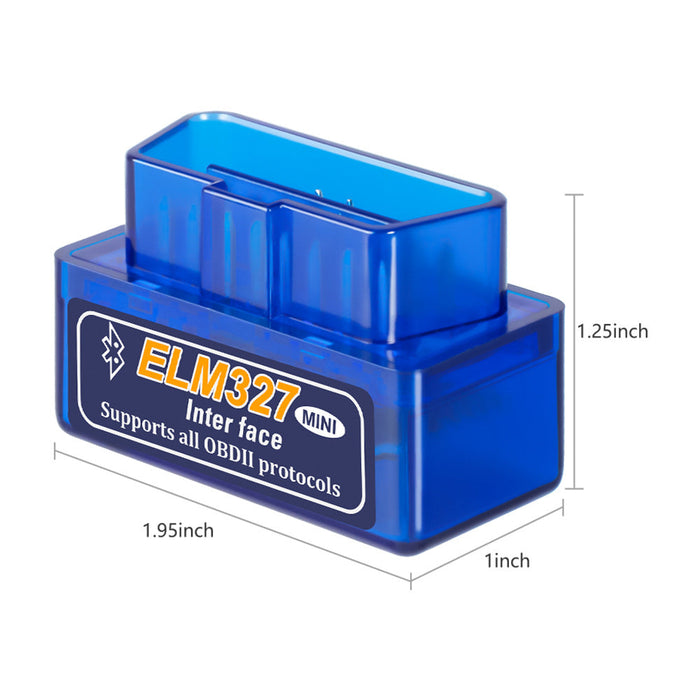 Blue ELM327 mini diagnostic interface with dimensions on a white background