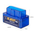 Blue ELM327 mini diagnostic interface with dimensions on a white background