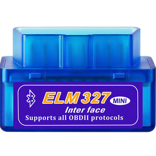 Blue ELM327 mini OBDII protocol scanner on a white background