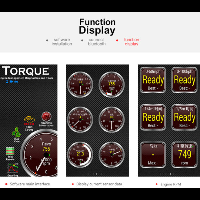 Display of a torque engine management diagnostics tool with various gauges and text on a white background.