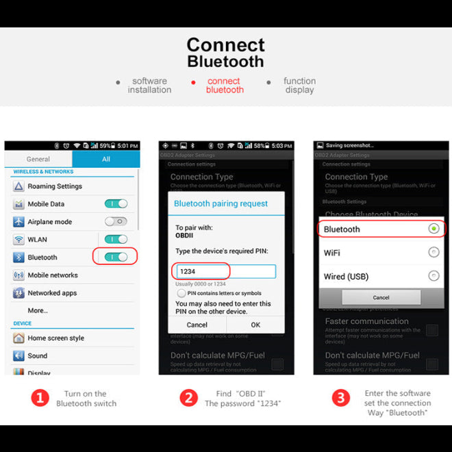 Step-by-step guide on connecting Bluetooth on a smartphone with screenshots and text.