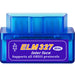 Blue ELM327 mini OBDII protocol scanner on a white background