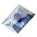 Clear plastic bag with a blue object inside on a white background