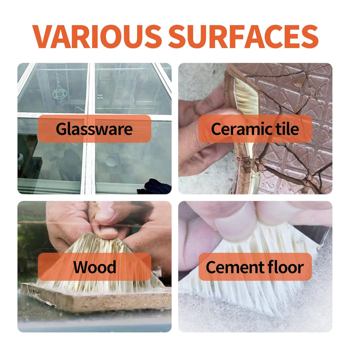 Demonstration of a cleaning tool on different surfaces including glassware, ceramic tile, wood, and cement floor.