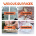 Demonstration of a cleaning tool on different surfaces including glassware, ceramic tile, wood, and cement floor.