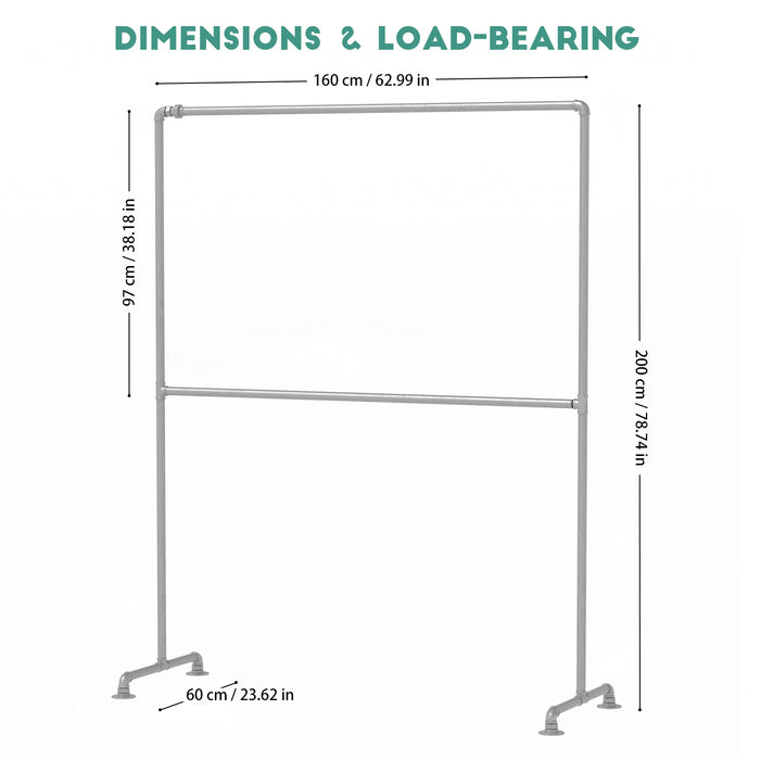 Industrial Freestanding Pipe Clothing Rack 160x200cm -Silver