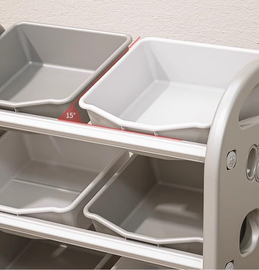 A gray toy storage rack with multiple bins, made from high-density polyethylene, designed for organizing toys and books.