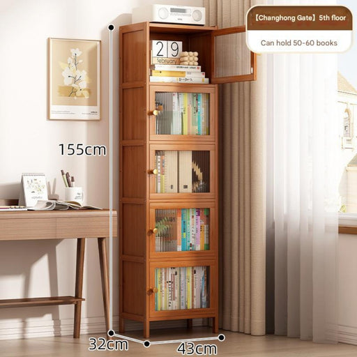 A bamboo storage cabinet with clear acrylic doors, displaying multiple shelves with books. The cabinet is placed against a white background.