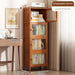 A bamboo storage cabinet with clear acrylic doors, displaying multiple shelves with books. The cabinet is placed against a white background.