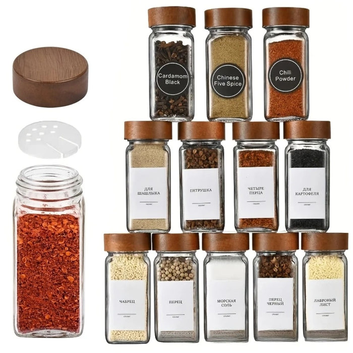 Square Glass Spice Jar Set with Wooden Lids- 24Pc