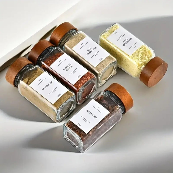 Square Glass Spice Jar Set with Wooden Lids- 24Pc