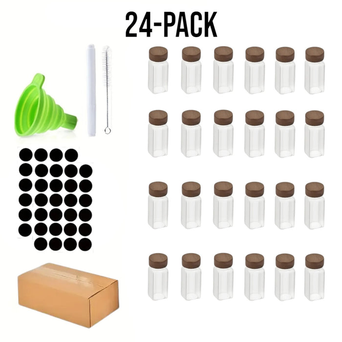 Square Glass Spice Jar Set with Wooden Lids- 24Pc