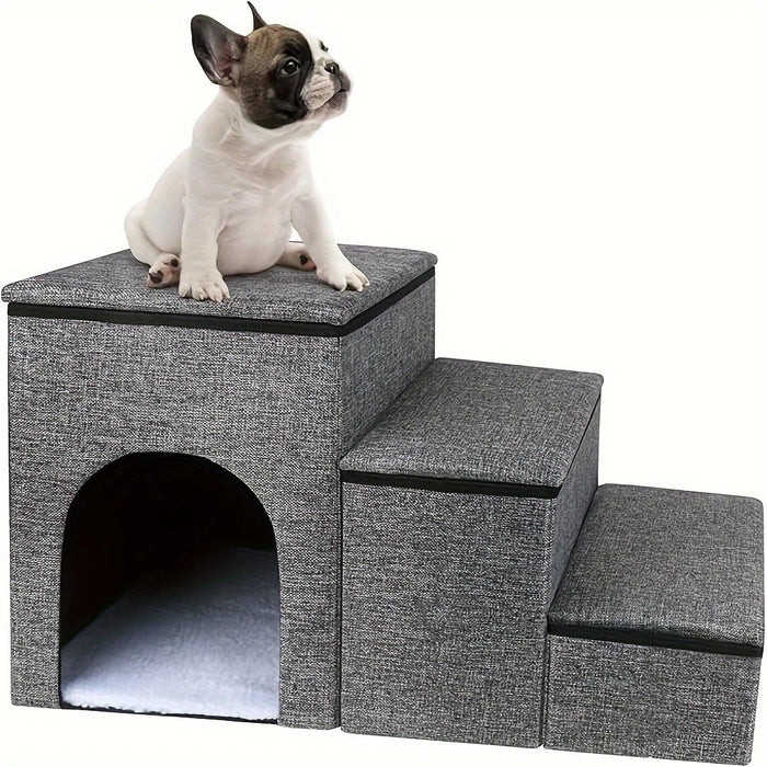 Foldable 3-Step Pet Stairs with Hidden Condo Storage