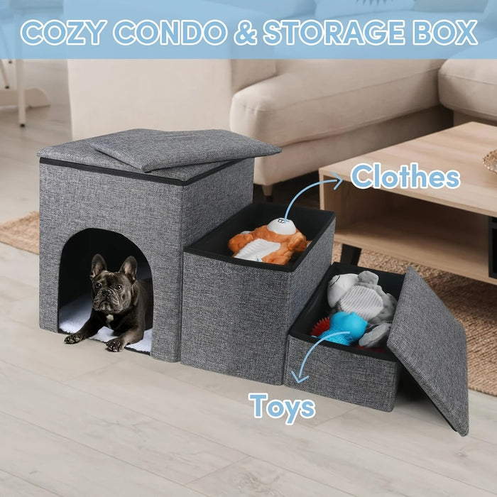 Foldable 3-Step Pet Stairs with Hidden Condo Storage