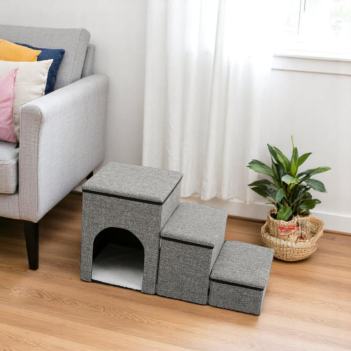 Foldable 3-Step Pet Stairs with Hidden Condo Storage