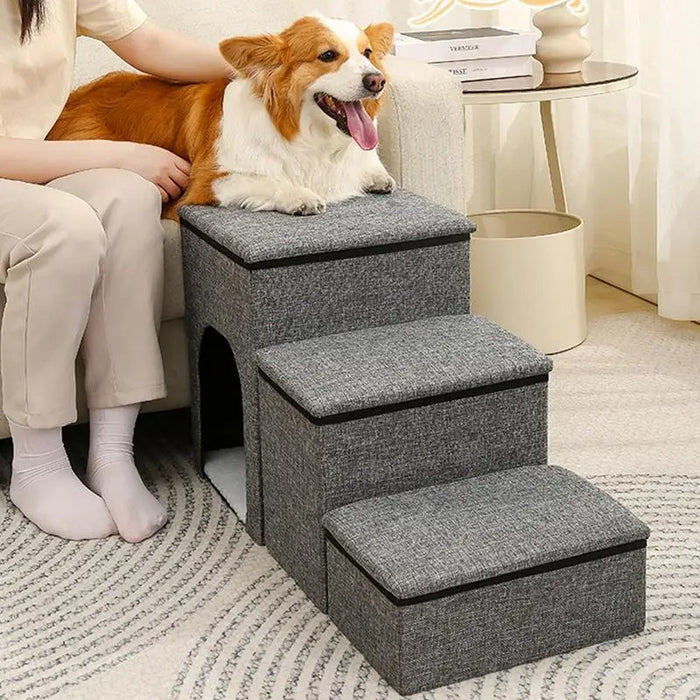 Foldable 3-Step Pet Stairs with Hidden Condo Storage