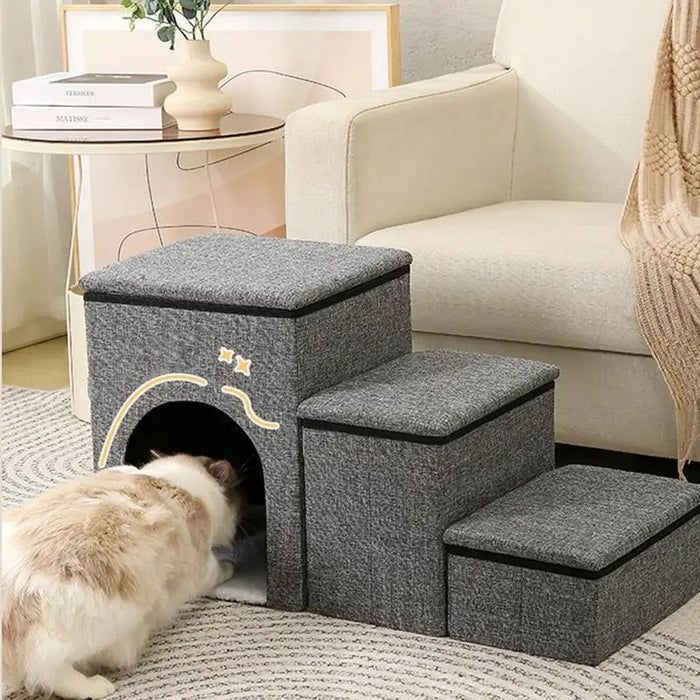 Foldable 3-Step Pet Stairs with Hidden Condo Storage