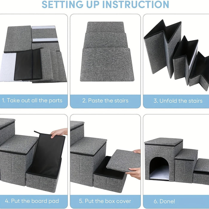 Foldable 3-Step Pet Stairs with Hidden Condo Storage