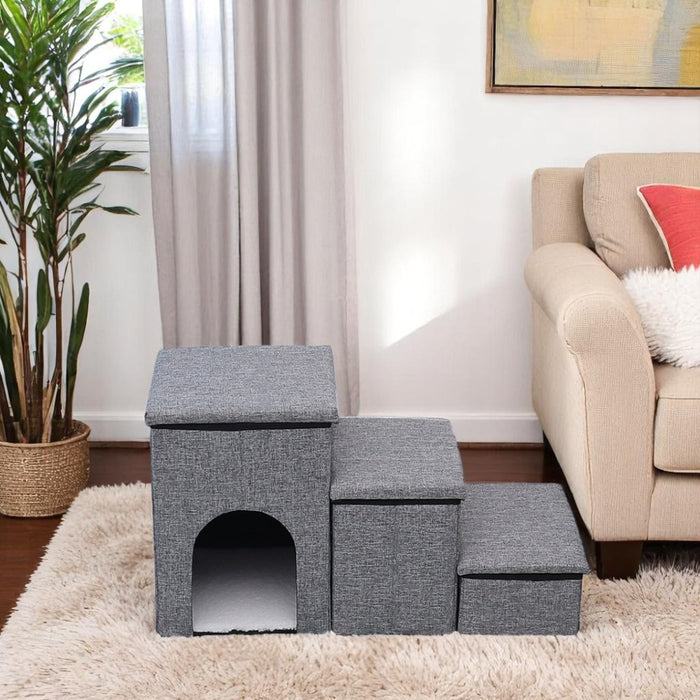Foldable 3-Step Pet Stairs with Hidden Condo Storage