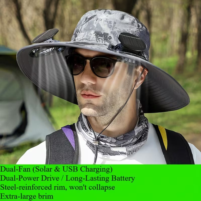 Solar Fan Hat with Dual Cooling Fans for Hiking or Fishing - USB Rechargeable