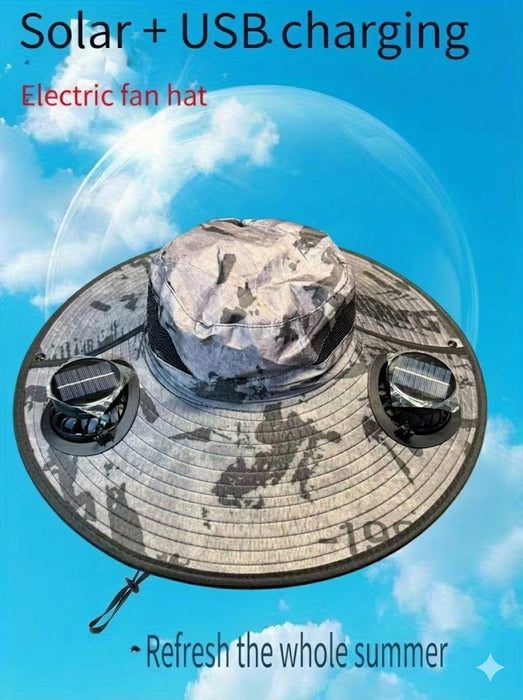 Solar Fan Hat with Dual Cooling Fans for Hiking or Fishing - USB Rechargeable