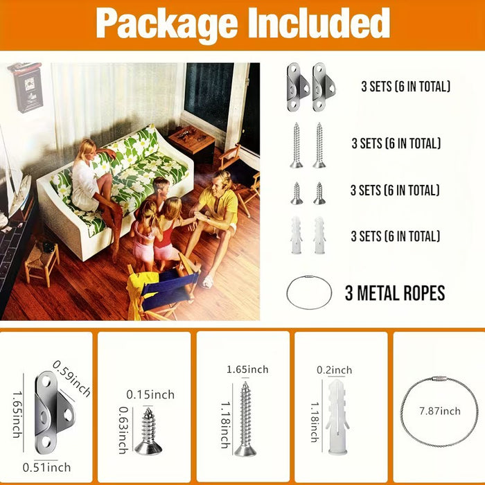 Metal Furniture Anchors Anti-Tip Kit Heavy Duty Steel Wire Straps- 3 Pack