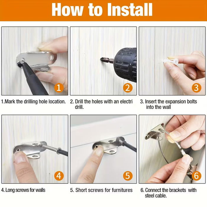 Metal Furniture Anchors Anti-Tip Kit Heavy Duty Steel Wire Straps- 3 Pack