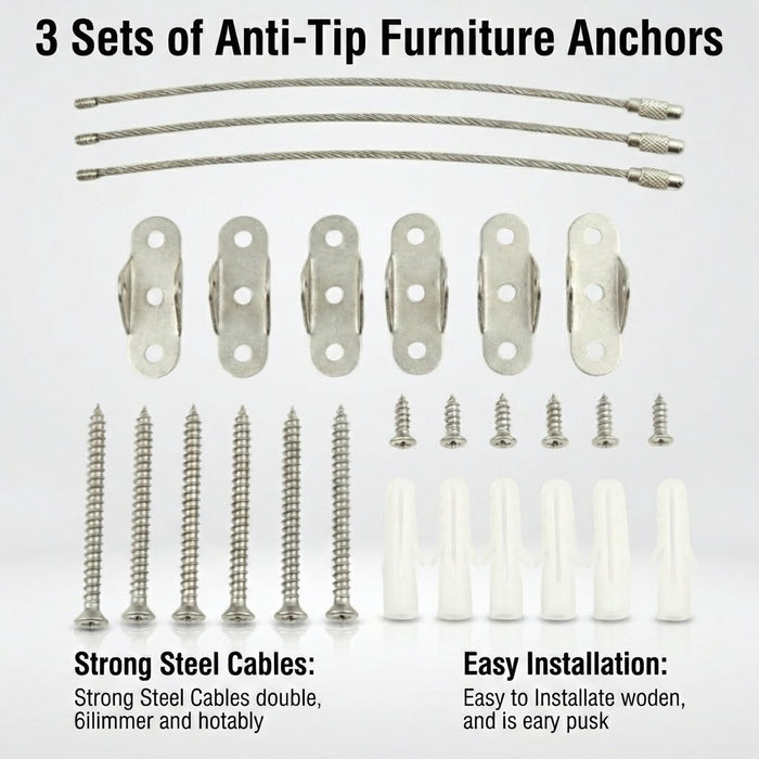 Metal Furniture Anchors Anti-Tip Kit Heavy Duty Steel Wire Straps- 3 Pack