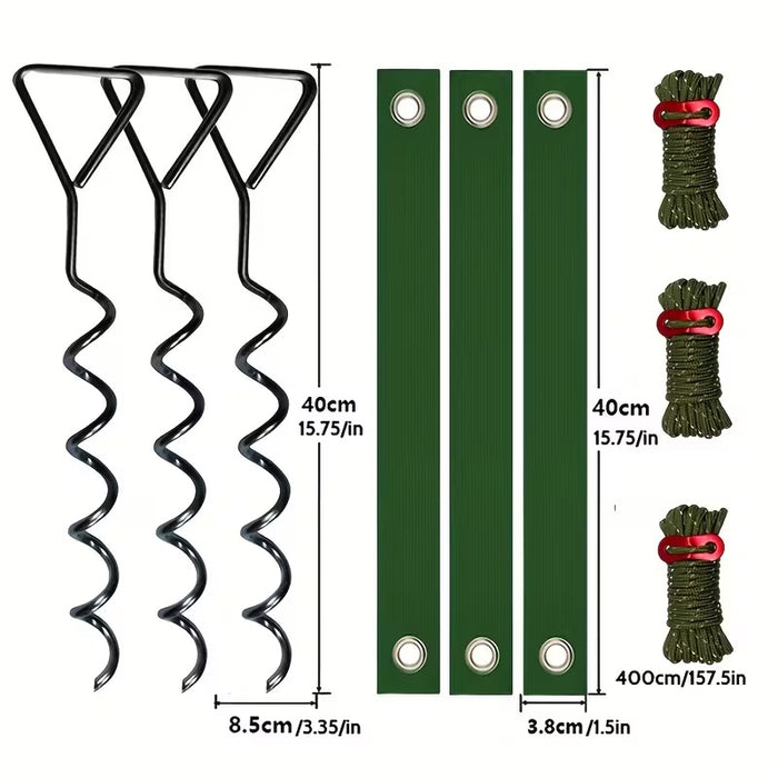Metal Spiral Ground Anchor Kit 40cm Tree Stakes with Reflective Tie Down Ropes-9Pcs