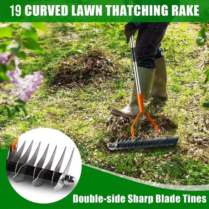 Adjustable Garden Rake 19 Tine Metal Thatching Rake with 4 Section Stainless Steel Pole
